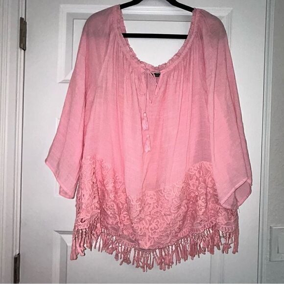 Unique Spectrum Boho Lightweight 3/4 Sleeve Fringe Tie Keyhole Front Blouse Top - Picture 1 of 8